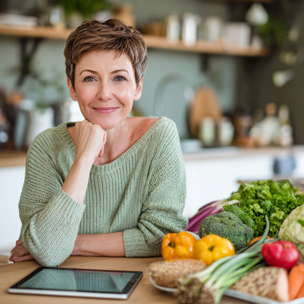 A content middle-aged woman in her late 40s with short brown hair, wearing a light green sweater, sitting at a modern kitchen table with fresh vegetables, whole grains, and a tablet displaying a meal planning app. She has a gentle smile and appears relaxed while organizing colorful ingredients including leafy greens, bell peppers, and quinoa