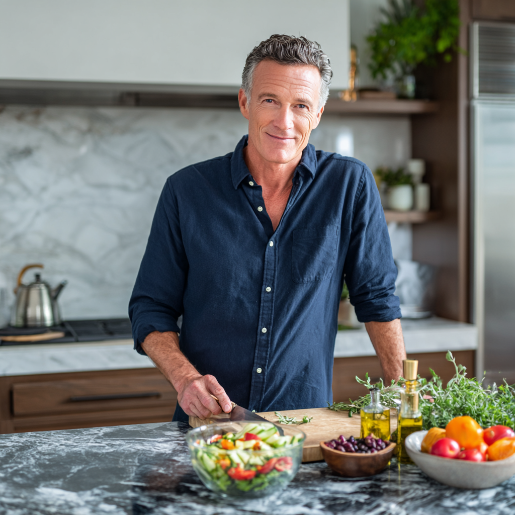 A sophisticated man in his early 50s with graying temples wearing a navy blue button-up shirt, standing in a bright modern kitchen with marble countertops. He's preparing a colorful Mediterranean salad with fresh vegetables, olive oil, and herbs. The man appears confident and content, embodying a healthy lifestyle approach to cooking